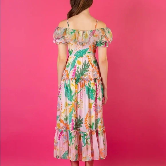 Jessie Liu Summer Floral Tiered Silk Midi Dress Size Medium - Picture 4 of 12